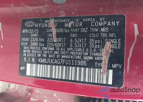 2015 Hyundai Tucson Se z USA, uszkodzony, nr VIN KM8JUCAG7FU111986